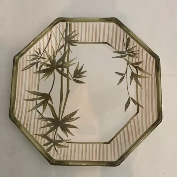 Waverly Bamboo Stalk Plant Plate Green Tan 11 Inches Octagon Serving Platter