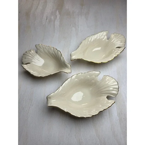 Lenox Dove Ivory Bone China Leaf Candy Dish Set of 3 Gold Trim Vintage USA Bowls