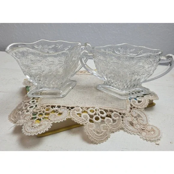 Vintage Indiana Glass Pineapple & Floral Creamer and Sugar Bowl Set Diamond Base