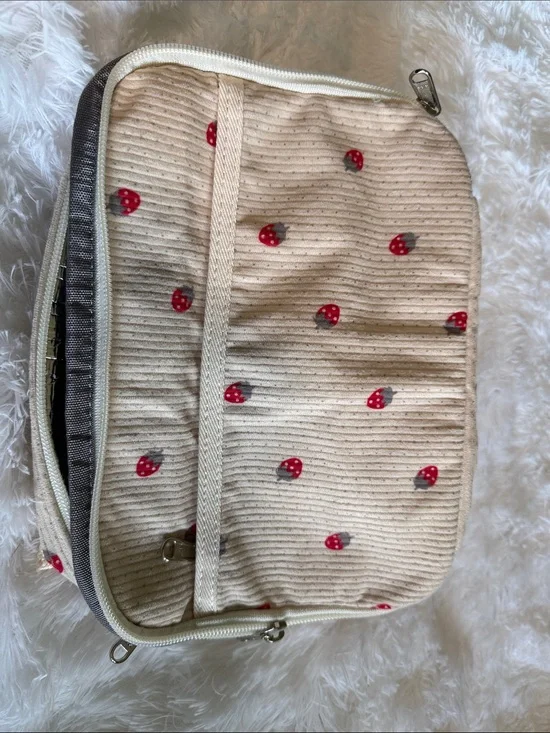 Cream Strawberry Print Cosmetic Pouch