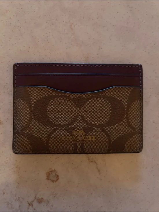 Coach Brown Signature Canvas Card Holder with Purple&Chestnut Leather