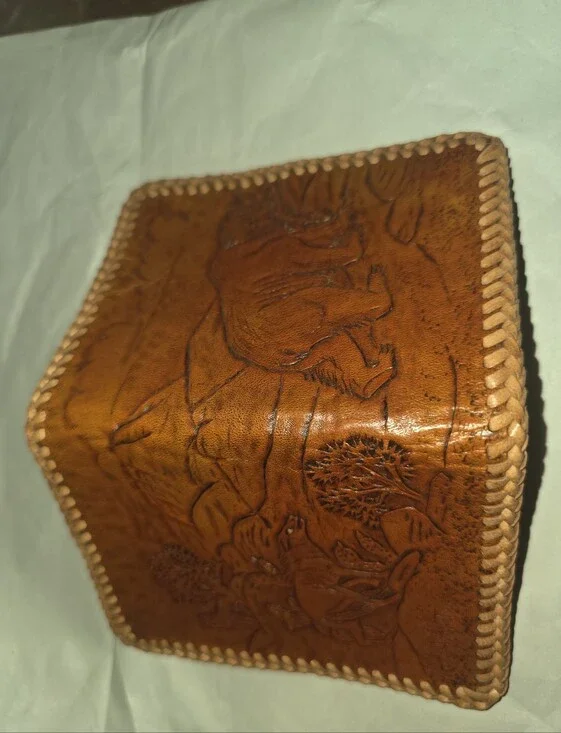Handcrafted Tooled Leather Wallet-Brown With Tan Stitching.Engraved Bear& Wolves