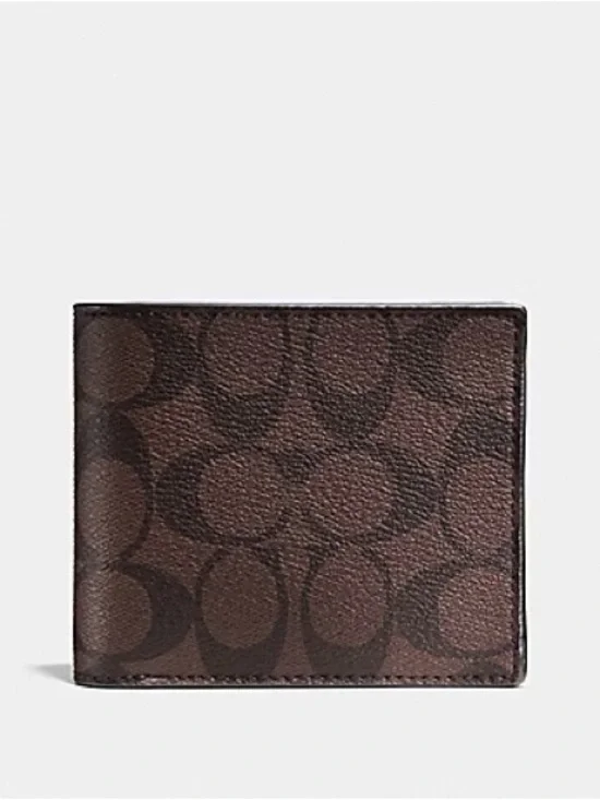 Unisex Coach Brown Signature Pattern Leather Bi-Fold Wallet