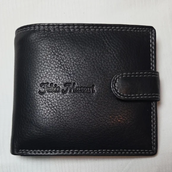 Fabio Massari Black Leather Men's Wallet with Snap Closure,(New Without Box).