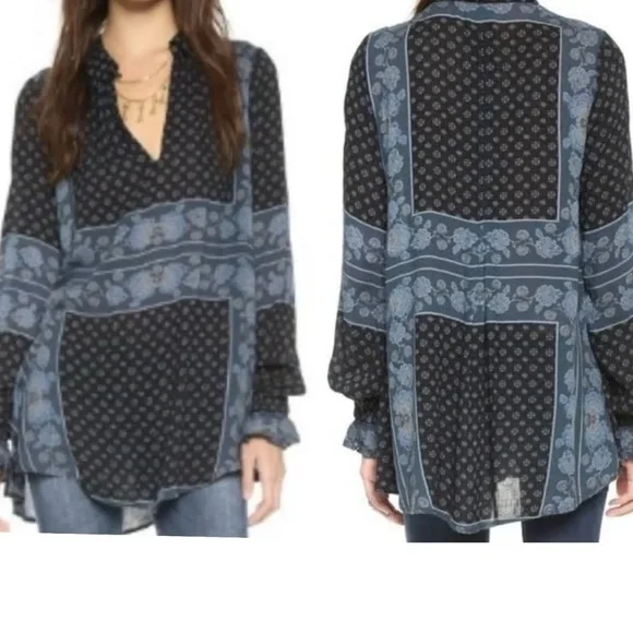 FREE PEOPLE Blouse Small Long Sleeve Keyhole Lightweight Boho Tunic Aztec Blk/Cr