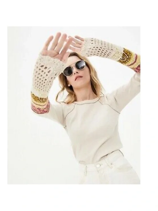 NFS Free People In The Mix Cuff Thermal Top Cream Linen Combo Knit Sz Small
