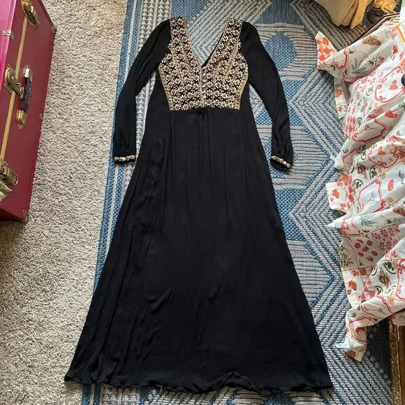 Boho folk embroidered floral romantic goth whimsygoth empire waist midi dress S