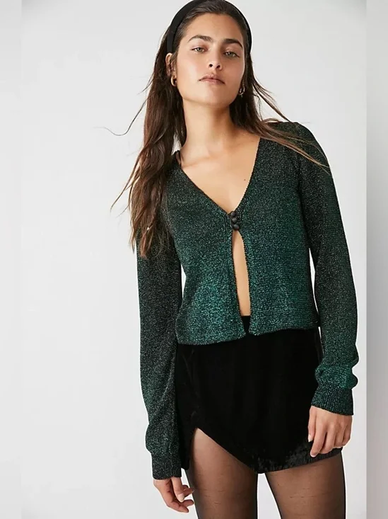 Large free people emmaline metallic cardigan sweater sparkly green