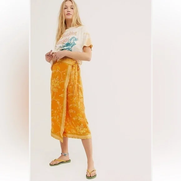 NWT $128 FREE PEOPLE Sz 0 Yasmin Border Print Wrap Midi Skirt In Orange Nectar