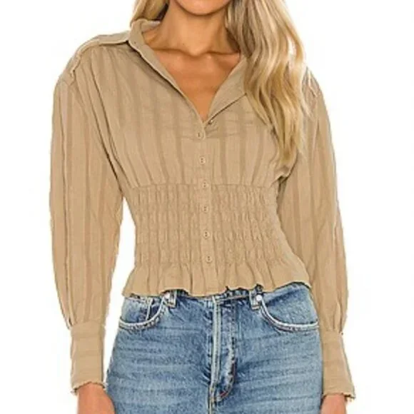 Free People Tammy Textured, Ruched Khaki Button Down