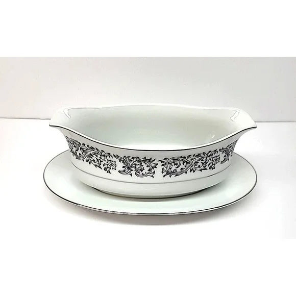 Society Fine China Elegance Pattern Black/White w/Silver Rim Gravy Boat