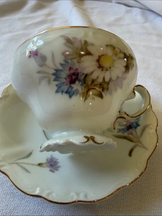 Occupied Japan Porcelain Floral Teacup and Saucer with Gold Trim