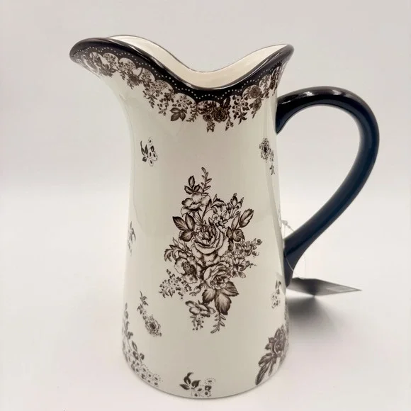 Robert Stanley Fall Classics Brown White Floral Toile Ceramic Pitcher Scalloped