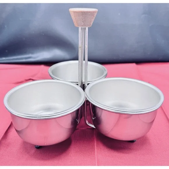 Vintage Stainless‎ Steel Condiment Caddy With Round Wood Handle MCM