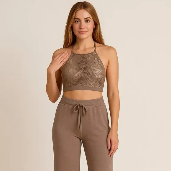 Like New Free People Taupe High Neck Crop Top & Talulah Lounge Pants 2-Piece Set