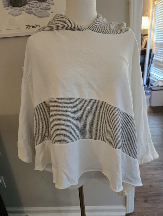 Free People Cream Hooded Pullover with Gray Striped Band