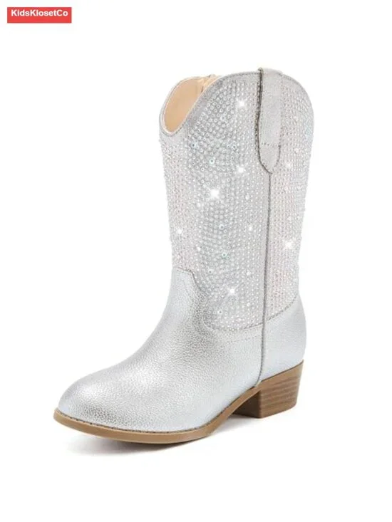 Girls Rhinestone Cowgirl Boots Pointed Toe Low Heel Mid Calf Zipper