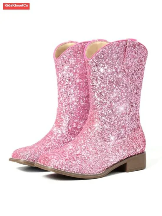 Girls Cowgirl Boots Glitter Square Toe Mid Calf Pull On Cowboy Boots
