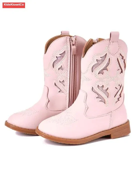 Toddler Girls Cowboy Cowgirl Boots Round Toe Mid Calf Side Zipper Riding Shoes