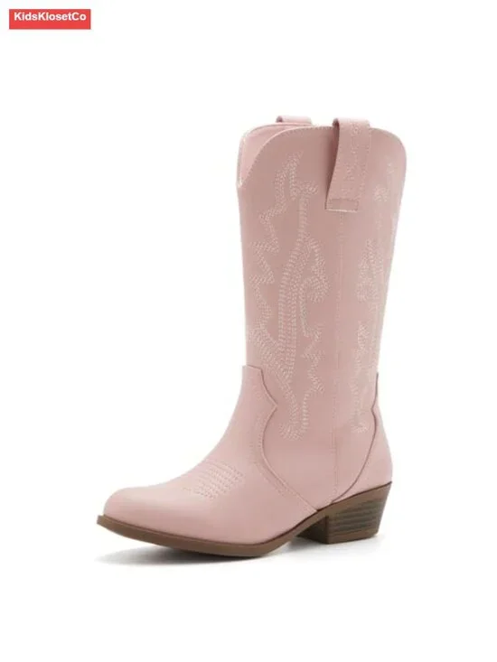 Kids Western Boots Embroidered Cowgirl Cowboy Mid Calf Riding Shoes