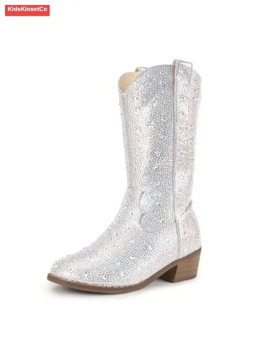 Girls Cowgirl Boots Sparkly Rhinestone Toddler Dress Boot Mid Calf Low Heel
