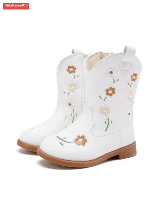 Toddler Girls Cowgirl Boots Mid Calf Western Flower Pointed Toe Riding Shoes