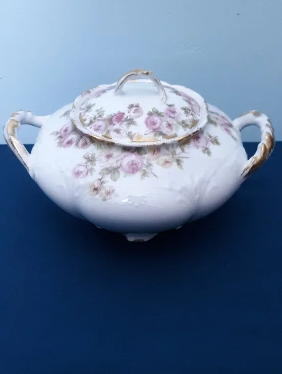 Ca 1900 GDA Charles Field Limoges Sugar Bowl Rose Spray Pink White Gold Floral