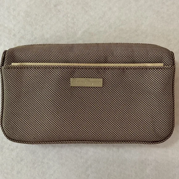 Salvatore Ferragamo Brown Textured Canvas Toiletry Pouch with Gold Accent