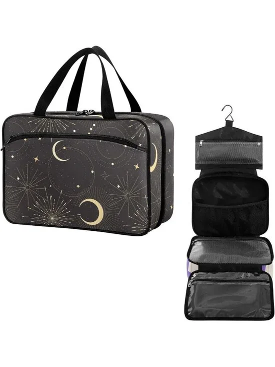 Stylish Black & Gold Celestial Moon Travel Toiletry Bag - Portable Organizer for