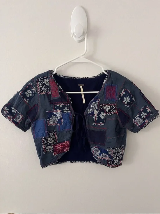 Free People Bolero Patchwork Cropped Shrug  Boho Tie Front Blue XS