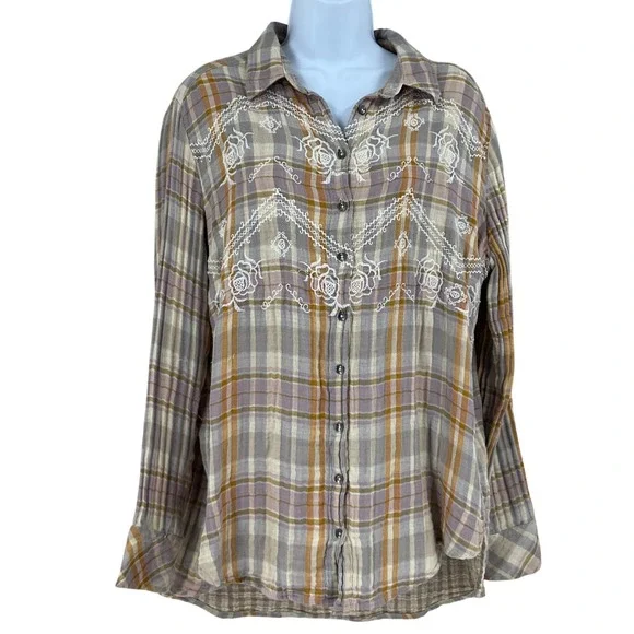 Free People‎ Plaid Embroidered Gauze Button Up Shirt Sz XS Relaxed Western Boho