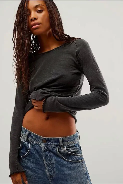 Free People X We The Free Be My Baby Tee long sleeve black L NEW