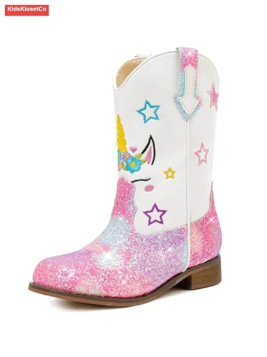 Glitter Unicorn Cowgirl Boots Toddler Mid Calf Square Toe Pull On