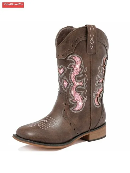 Girls Cowgirl Boots Sparkle Glitter Square Toe Mid Calf Western Boots for
