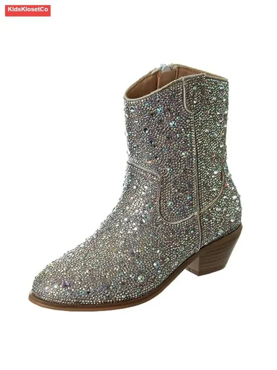 Sparkly Cowgirl Boots for Girls - Low Heel Rhinestone Party Dress Boots