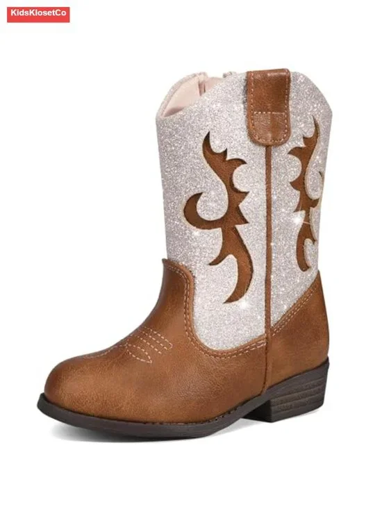 Girls Western Boots with Glitter PU Leather Side Zipper Non-Slip