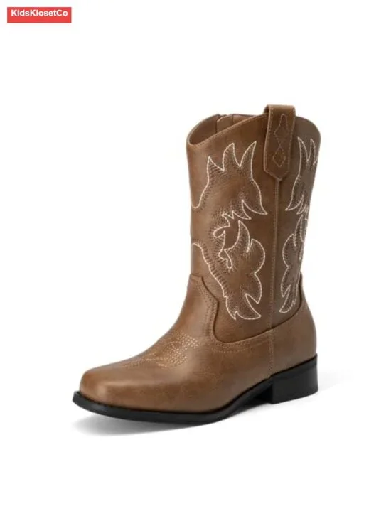 Cowboy Boots Square Toe Side Zipper PU Riding Shoes for Kids