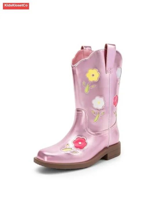 Girls Cowboy Cowgirl Boots - Floral Embroidered Square Toe Mid Calf with Dual