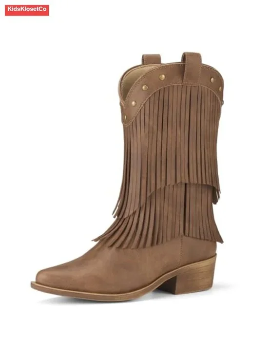 Girls Cowboy Boots with Tassel, Fringe, Snip Toe, TPR Outsole, Western Boots