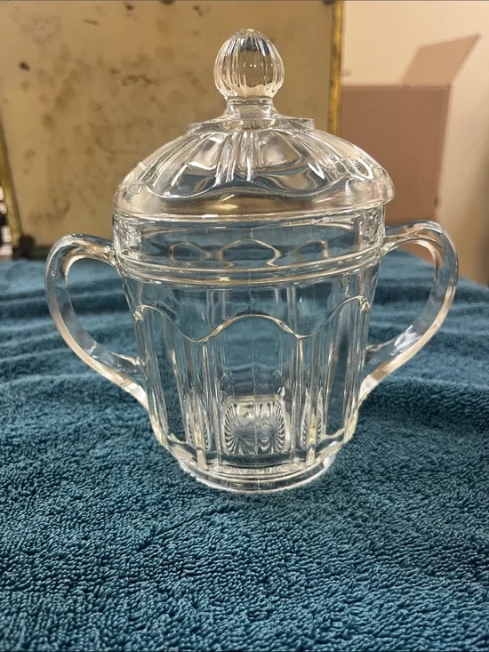 Vintage double handled glass sugar dish with cover
