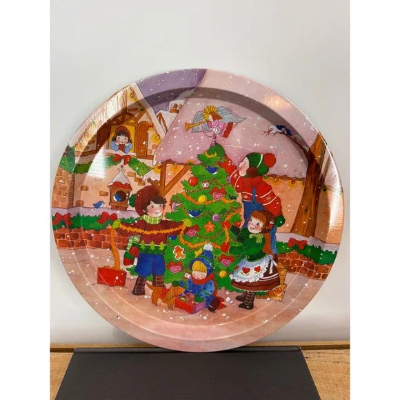 Vintage Christmas Tin Serving Tray Children Decorating Tree Winter Scene Round