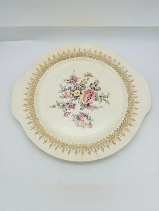 Vintage French Saxon China Co. Cake Plate, Floral, 22k Gold Trim