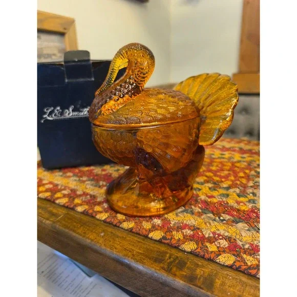 L.E. Smith Amber Glass Turkey Dish Vintage Lidded Jar