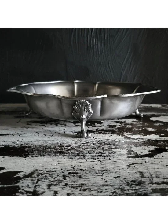 Vtg Footed Pewter Serving Bowl Centerpiece Bowl Ornate Details Scalloped Edges