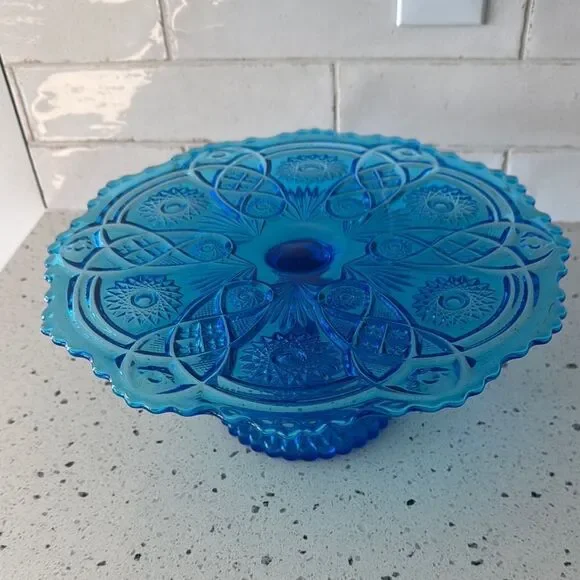 VINTAGE Imperial Glass Ohio Blue Bellaire Collectors Crystal Glass Cake Stand