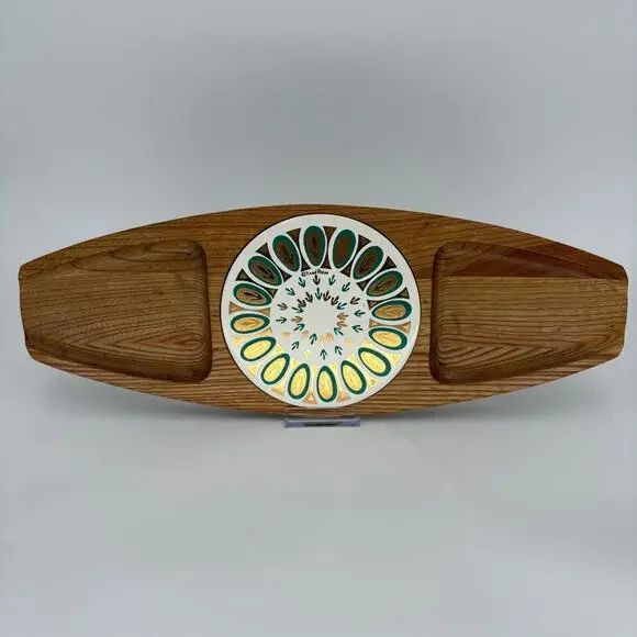 Vintage Fred Press Sere Wood Serving Tray MCM Ceramic Inlay Appetizer Platter