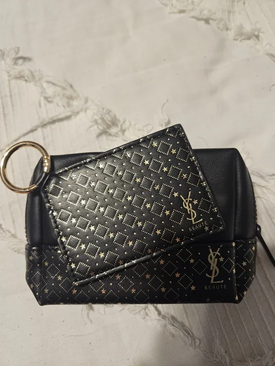 NWOT- Yves Saint Laurent Black & Gold Cosmetic Pouch and Mirror Holder Set