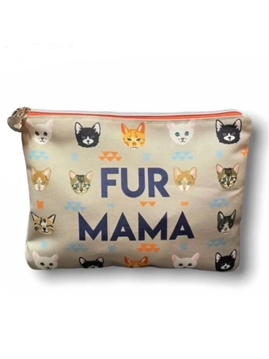 NWT Toiletries Zip Bag with Fur Mama Text & Repeating Cat Face Print 11.5 x 8.5