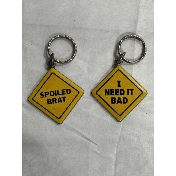 VINTAGE METAL KEY‎ CHAIN Lot Of 2  YELLOW ROAD SIGN CAUTION