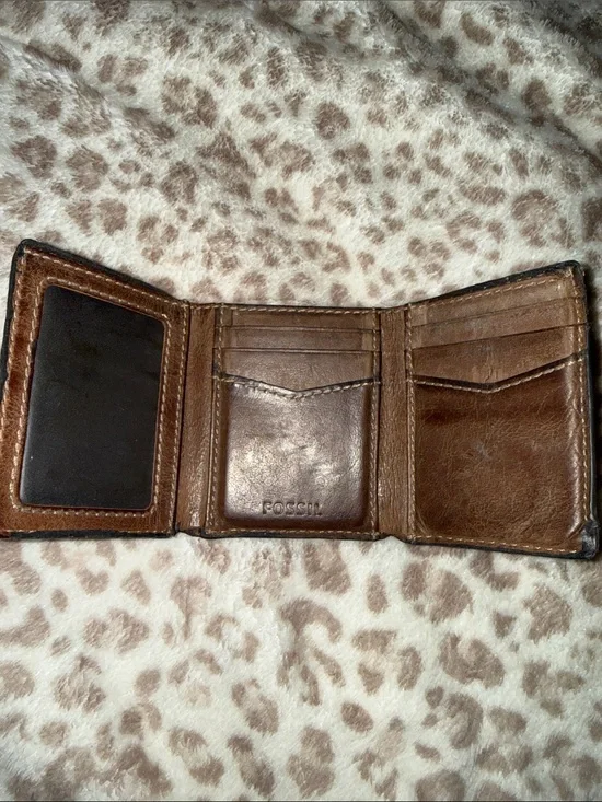 Fossil Brown Leather Trifold Card & Key Wallet Real Leather